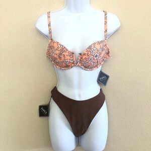 Zaful Peach Floral Underwire Top Brown High Cut Leg Bottom Bikini Swim Set M/6